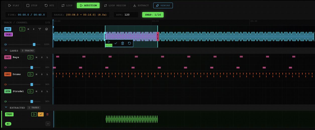 Mounted Take 2 overlay on Master with original and take toggles, merge checkmark, trash and reset controls.