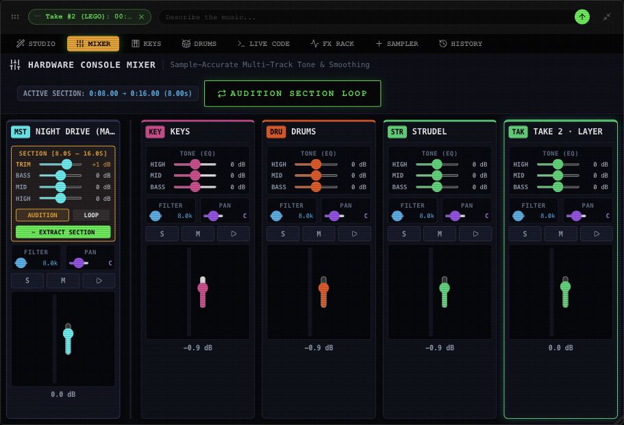 Mixer channel controls with faders, pan, mute, solo and tone controls.