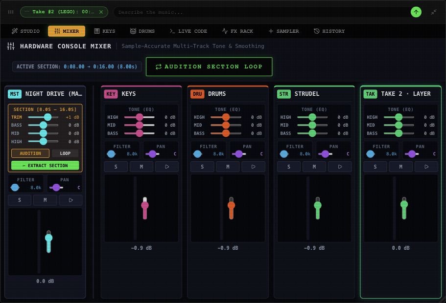 Mixer channel controls with faders, pan, mute, solo and tone controls.