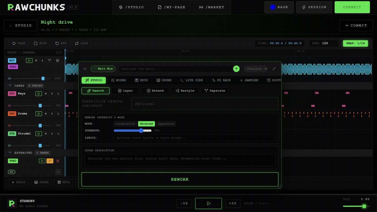 Rawchunks editor with Master waveform, lanes, extracted takes, transport and floating Studio toolbox.
