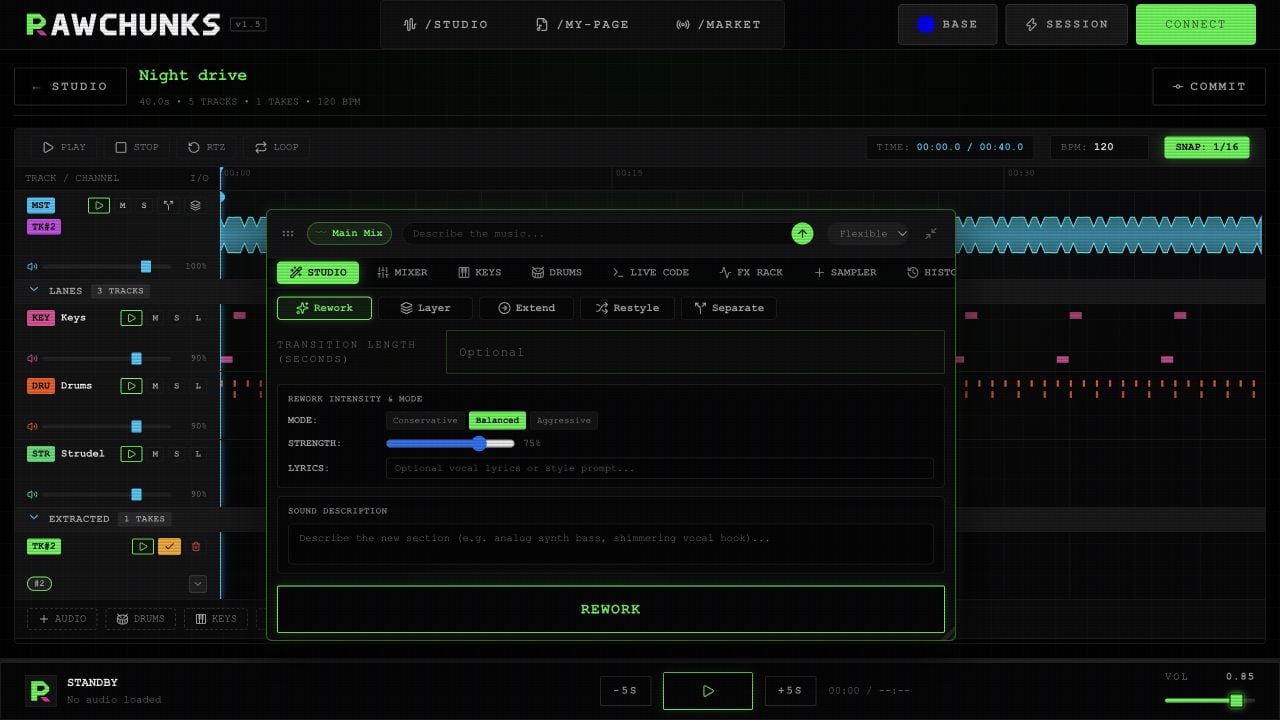 Rawchunks editor with Master waveform, lanes, extracted takes, transport and floating Studio toolbox.