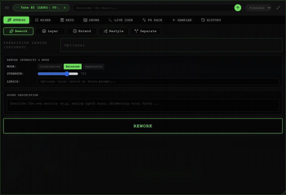 Rework panel with processing mode, intensity choices, strength, lyrics, sound description and Rework action.