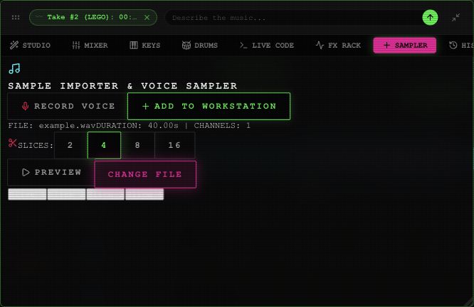 Sampler showing file duration, slice count buttons, preview, change file and Add to Workstation.