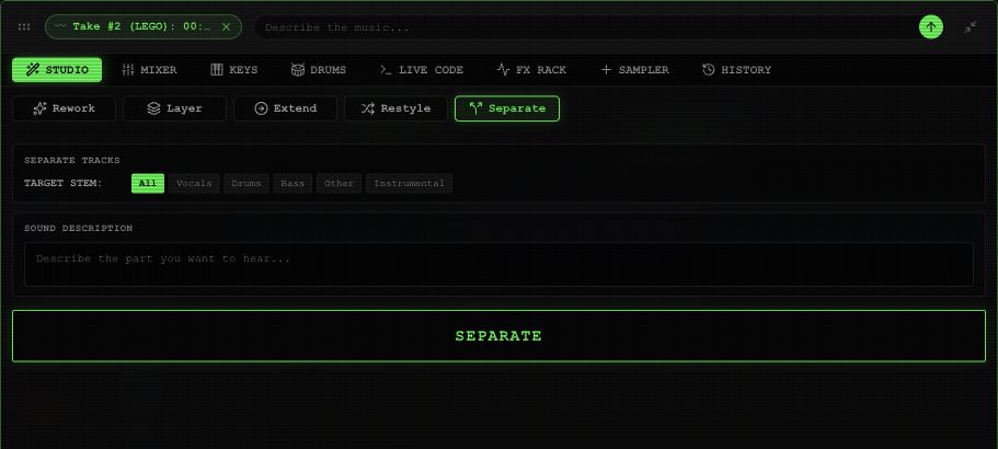 Separate panel with All, Vocals, Drums, Bass, Other and Instrumental target buttons.