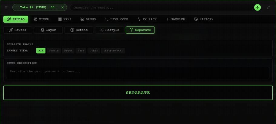Separate panel with All, Vocals, Drums, Bass, Other and Instrumental target buttons.