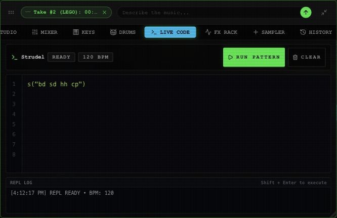 Live Code editor with pattern text and Run Pattern, Stop and Clear controls.
