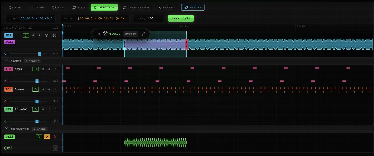 Editor transport and selected waveform range with Extract, Audition, Loop Region and Rework controls.
