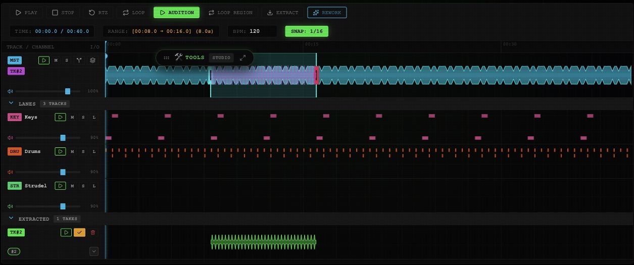 Editor transport and selected waveform range with Extract, Audition, Loop Region and Rework controls.