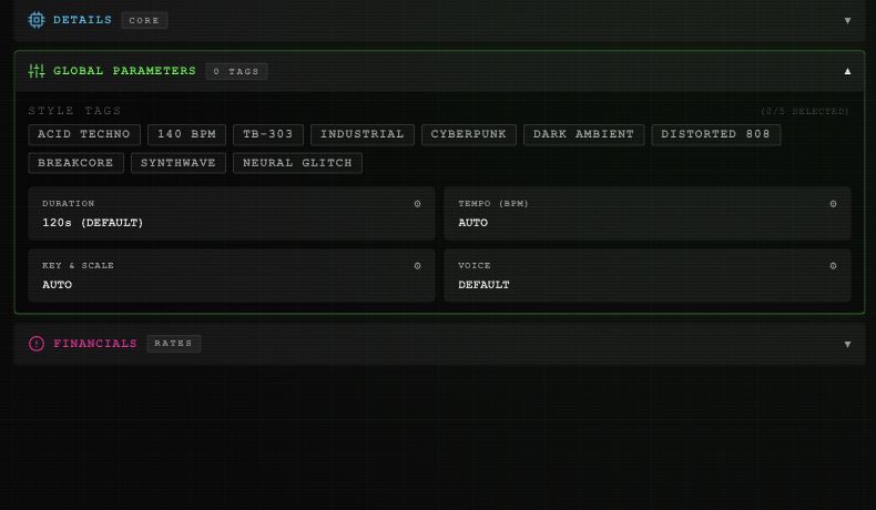 Global Parameters with style tags and buttons for duration, tempo, key and scale, and voice.