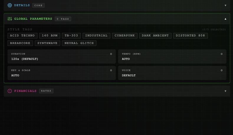 Global Parameters with style tags and buttons for duration, tempo, key and scale, and voice.