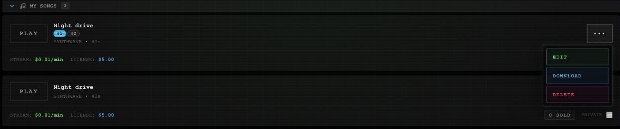 My Songs cards with version badges and the menu containing Edit, Download and Delete.