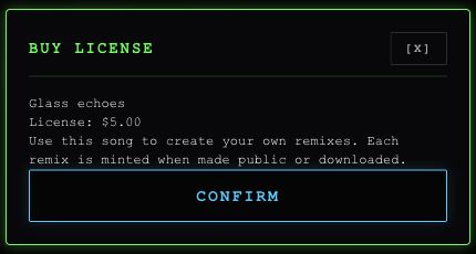 Buy License dialog naming the example song, its five-dollar license price and the Confirm button.