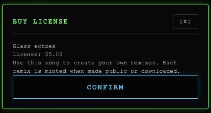 Buy License dialog naming the example song, its five-dollar license price and the Confirm button.