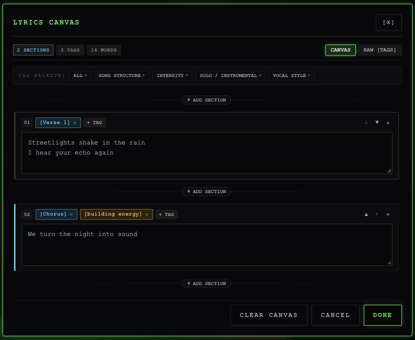 Lyrics Canvas showing section tags, lyric blocks, insertion controls, Canvas and Raw Tags modes.