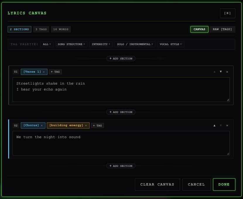 Lyrics Canvas showing section tags, lyric blocks, insertion controls, Canvas and Raw Tags modes.