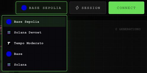 Network menu beside Session, listing Base Sepolia, Solana Devnet, Tempo Moderato, Base and Solana.