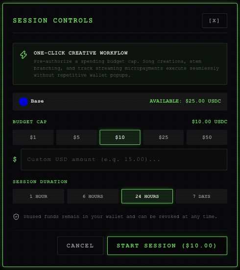 Session Controls dialog with budget presets, custom amount, duration choices and Start Session button.