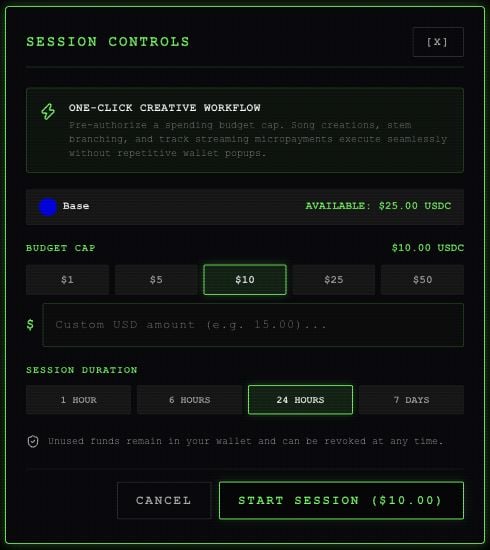 Session Controls dialog with budget presets, custom amount, duration choices and Start Session button.