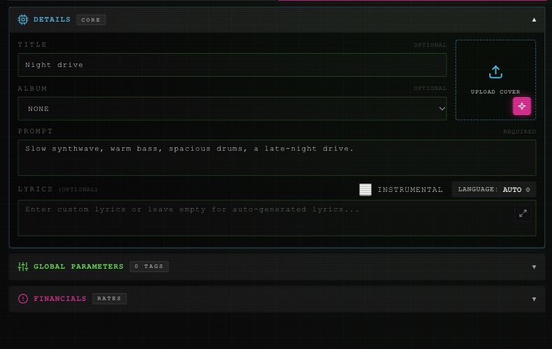Studio Details showing title, album, cover upload, prompt, lyrics, Instrumental checkbox and Language button.