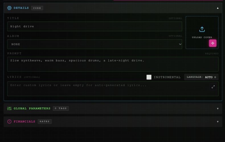 Studio Details showing title, album, cover upload, prompt, lyrics, Instrumental checkbox and Language button.