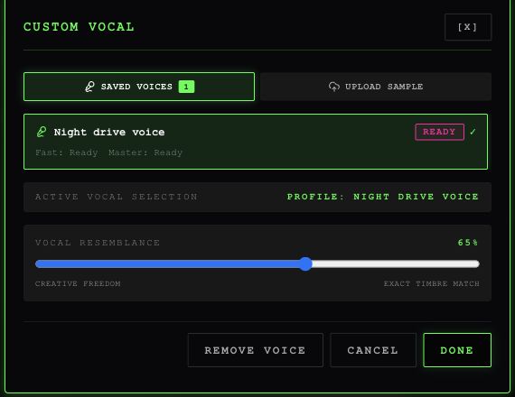 Saved voice selected in Custom Vocal, with Fast Ready, Master Ready and a Vocal Resemblance slider.