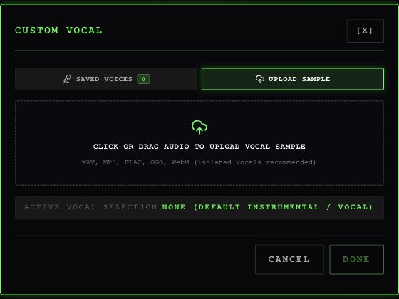 Custom Vocal dialog with Upload Sample and an audio drop area listing supported formats.