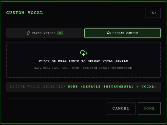 Custom Vocal dialog with Upload Sample and an audio drop area listing supported formats.