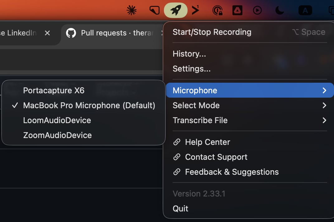 HyperWhisper menu bar with Transcribe File submenu open