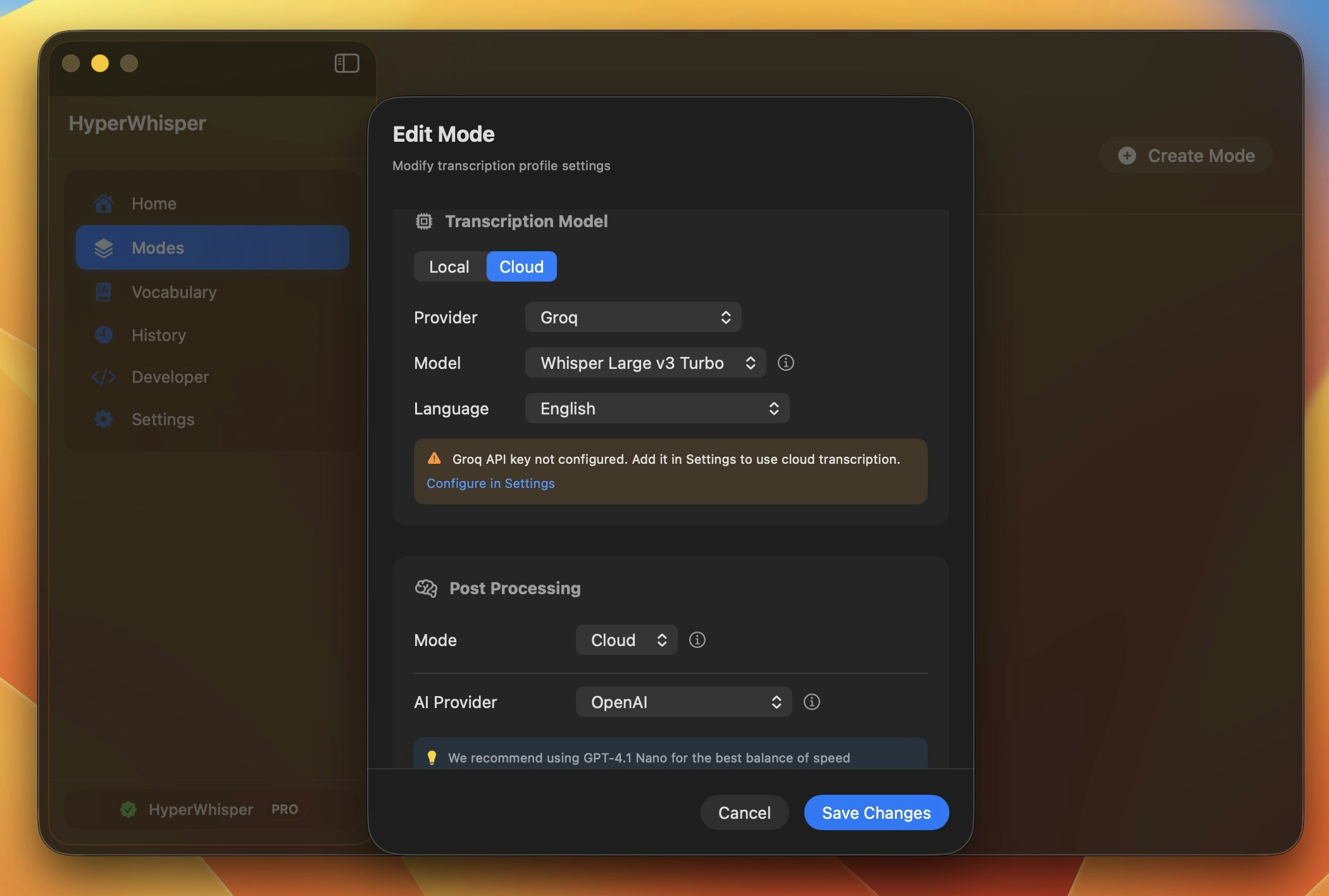 Language and mode selection