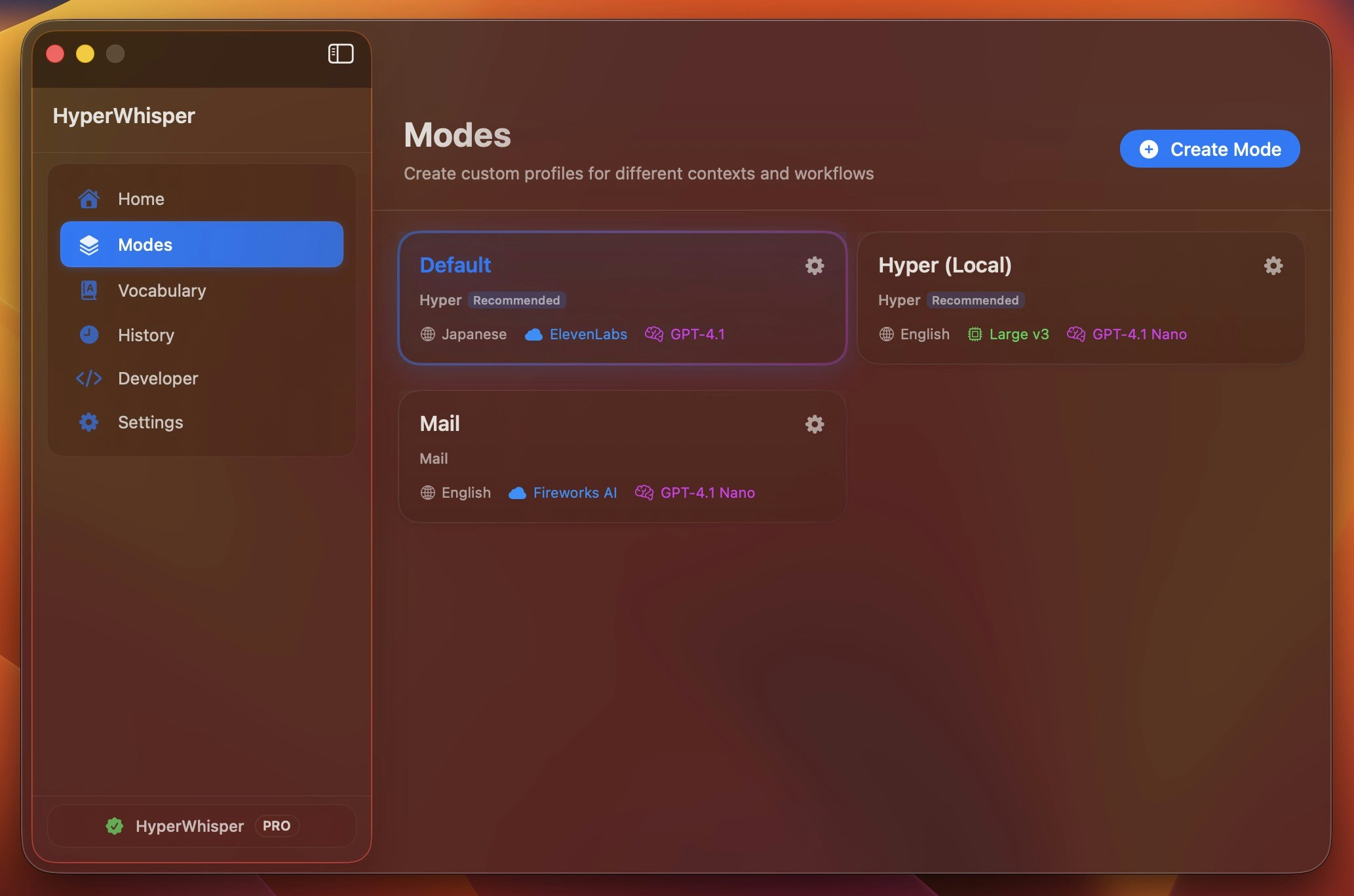 Modes list with a mode selected on the left and detail pane on the right