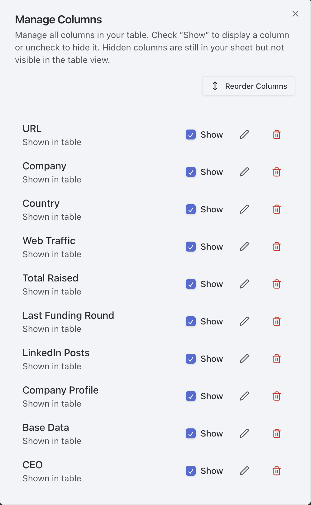 Column creation dialog with research options