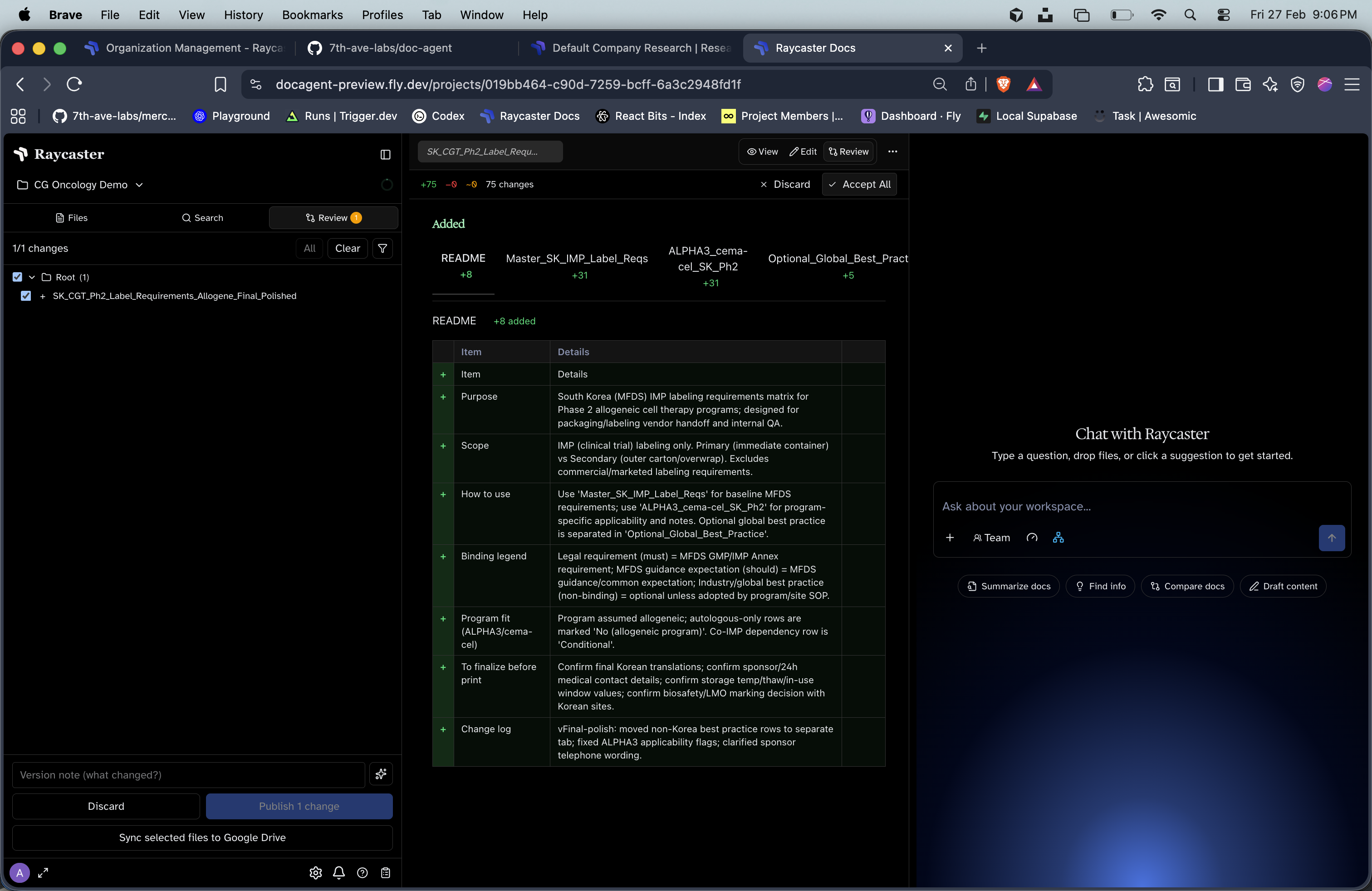 Workspace diff view with staged changes