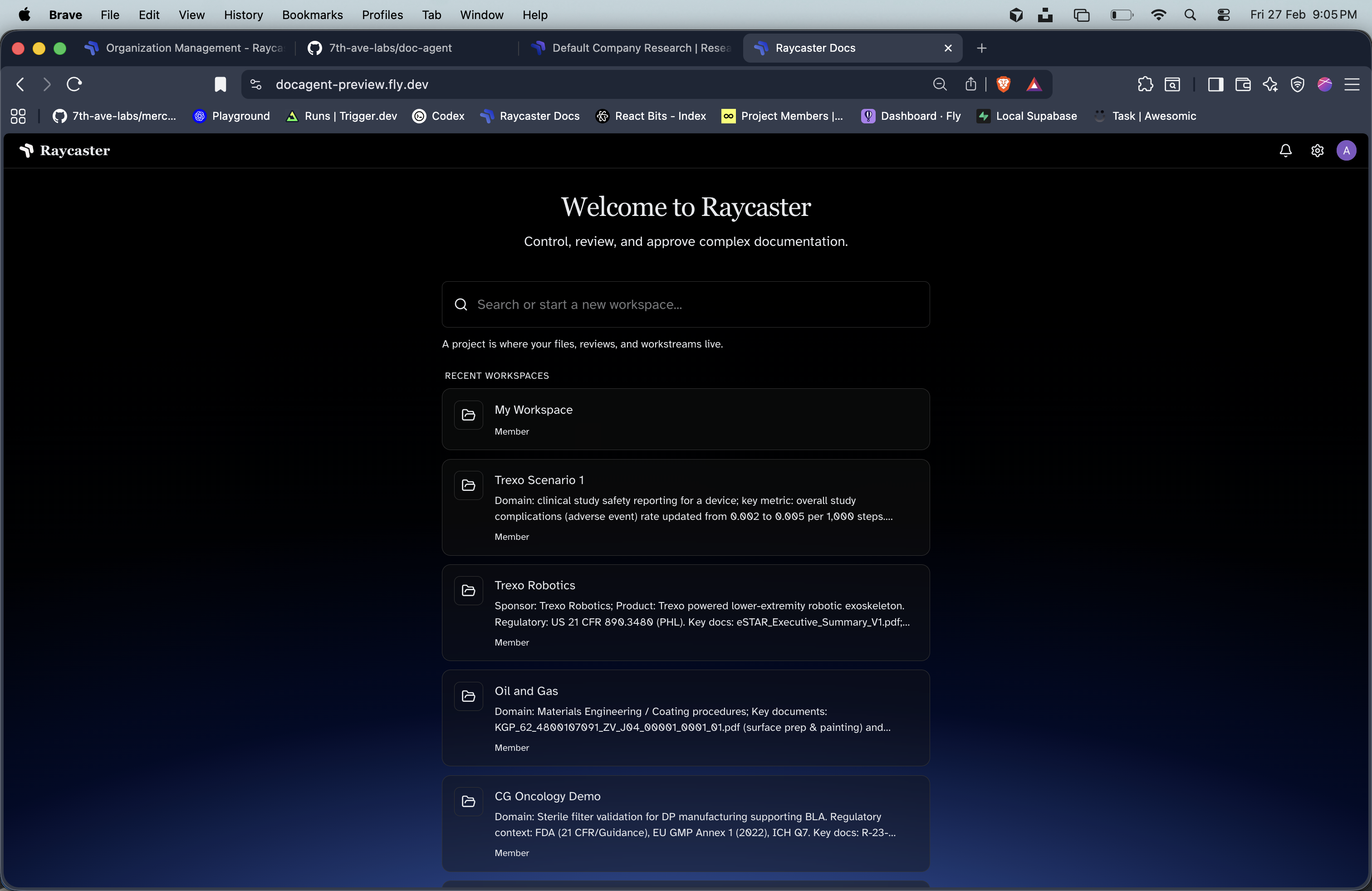 Raycaster Doc welcome screen