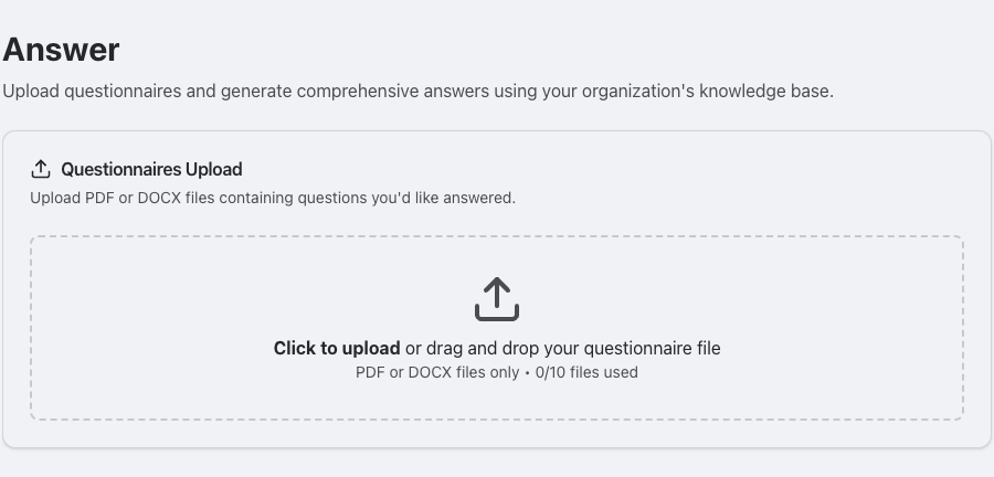 Answer feature interface showing questionnaire upload and response generation
