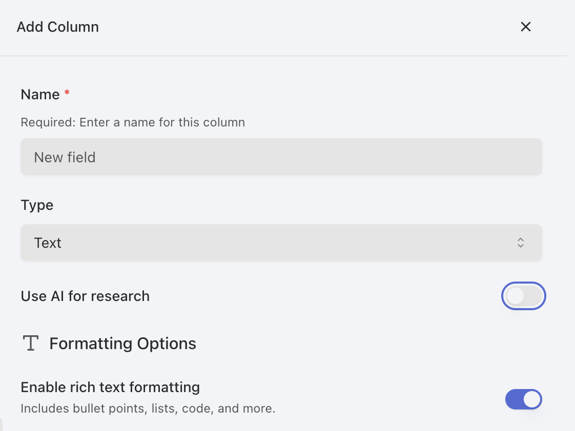 Column Creation Dialog