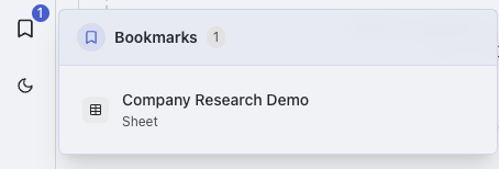 Bookmarks management interface showing saved sheets, folders, and quick access options