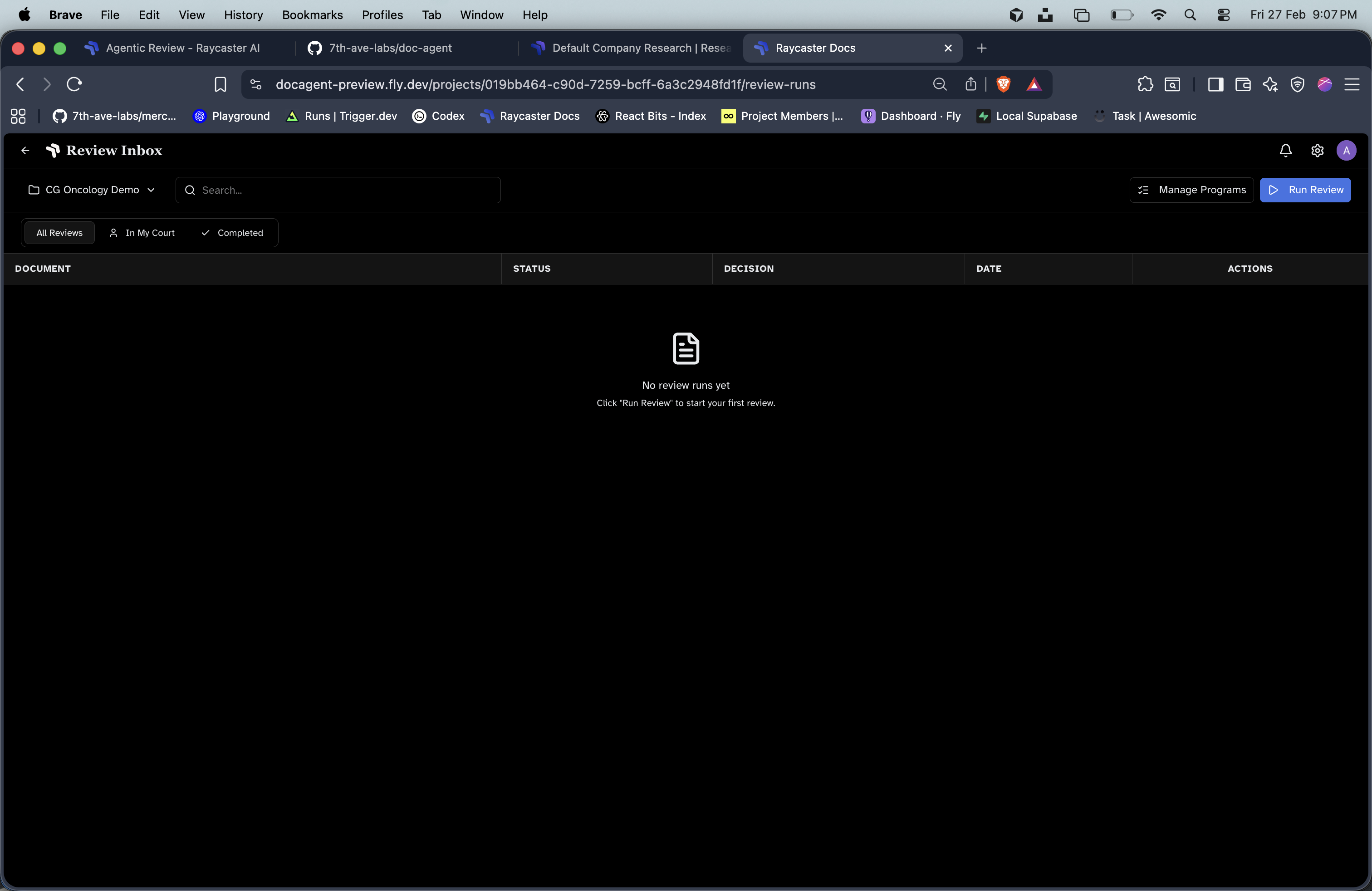 Review Inbox with review runs table