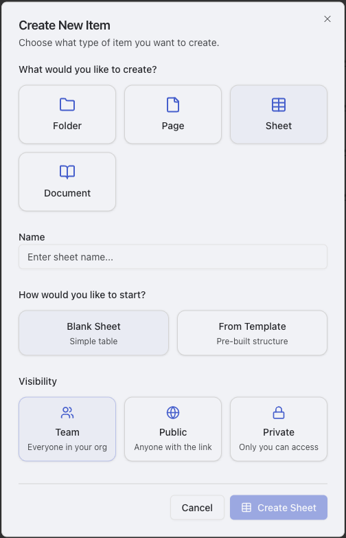 Home navigation and sheet creation dialog