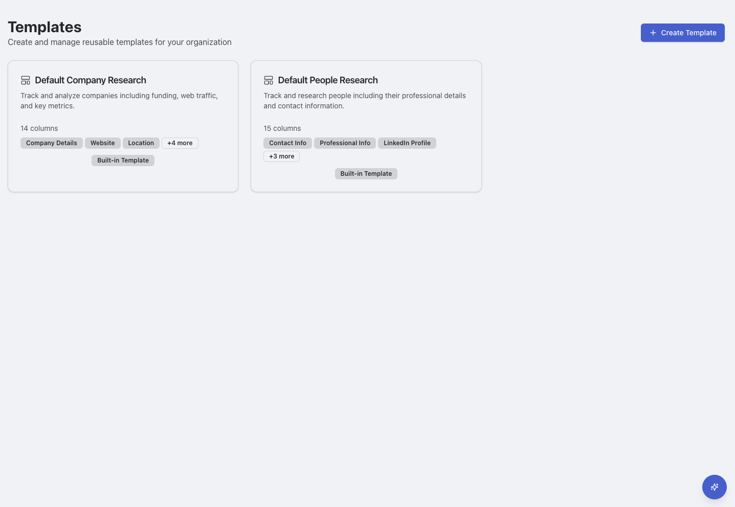 Templates interface showing built-in and custom templates with management options
