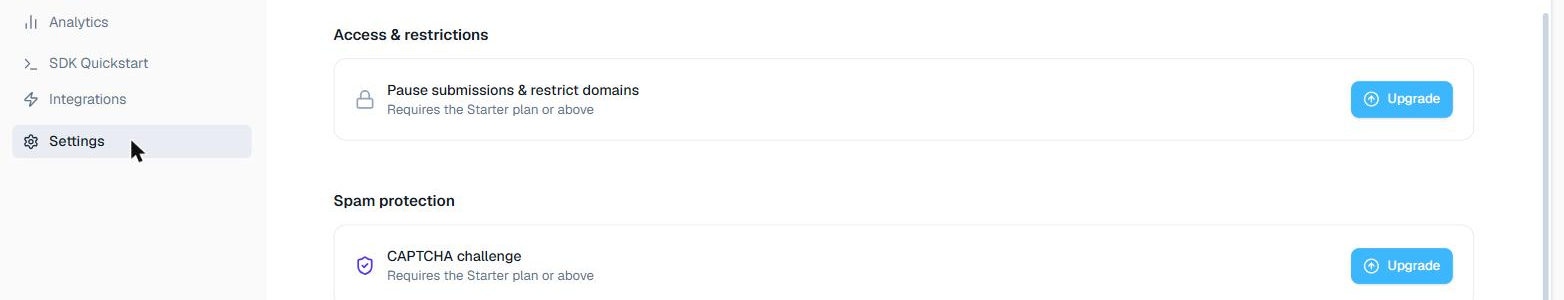 Access & restrictions and Spam protection panels in the form settings