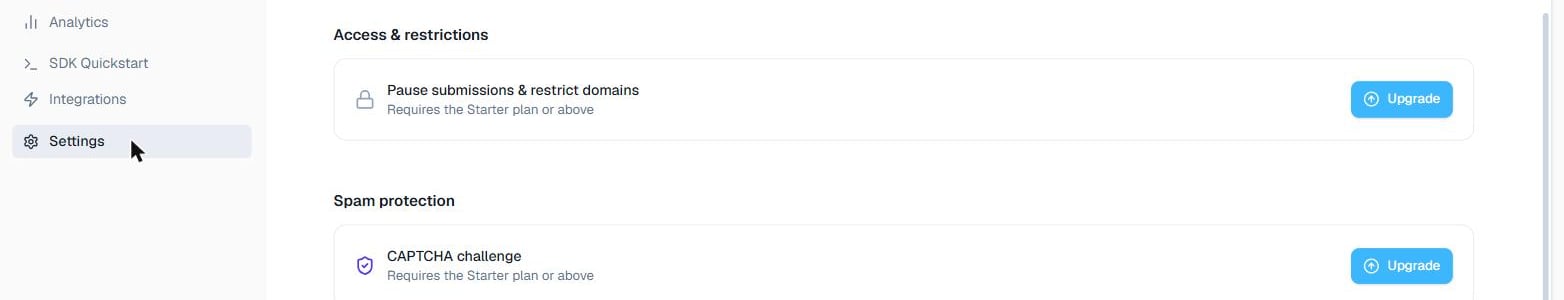 Access & restrictions and Spam protection panels in the form settings