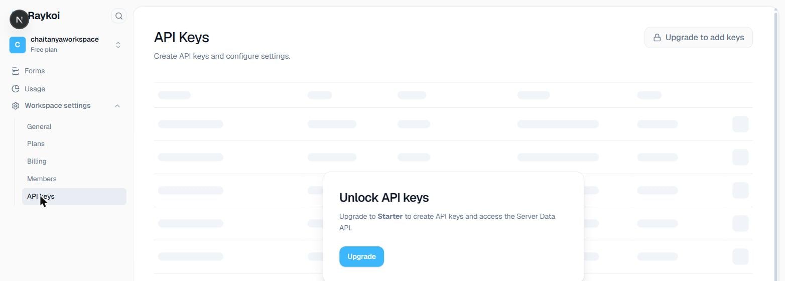 API Keys page on a Free-plan workspace, showing the Starter-plan upgrade gate