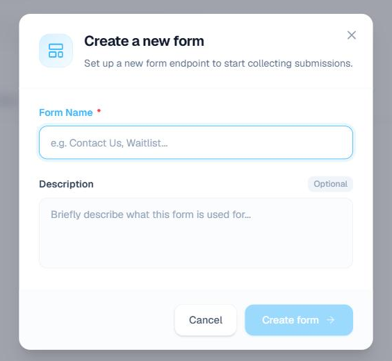 Create a new form dialog in the Raykoi dashboard