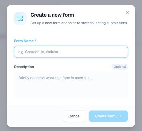 Create a new form dialog in the Raykoi dashboard