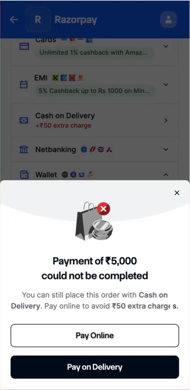 Automatic COD placement with a fee, showing the extra charge and a Pay on Delivery button that requires an explicit tap