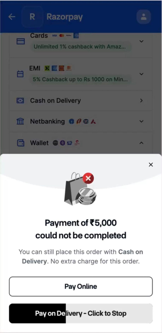 Automatic COD placement with no fee, showing the Pay on Delivery button filling with a Click to Stop label