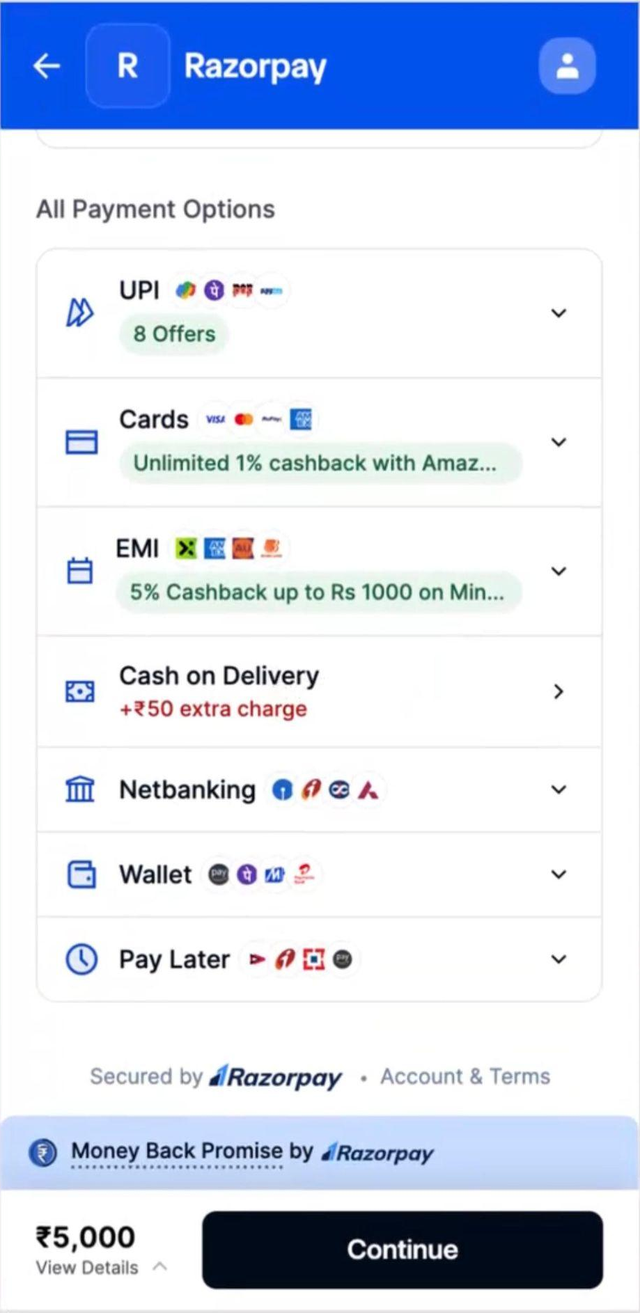 Checkout payment method list showing Cash on Delivery with a 50 rupee extra charge