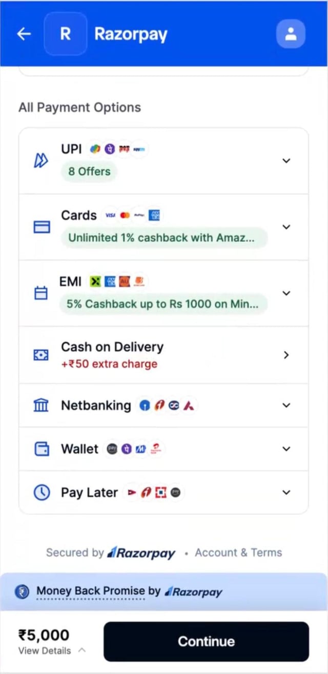 Checkout payment method list showing Cash on Delivery with a 50 rupee extra charge