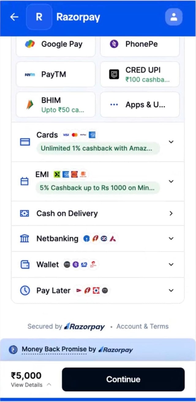 Checkout payment method list showing Cash on Delivery with no convenience fee