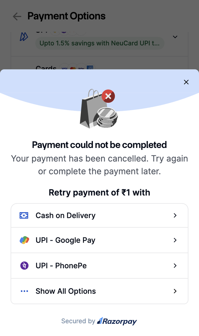 Retry screen after a failed payment, with Cash on Delivery listed above the other retry options